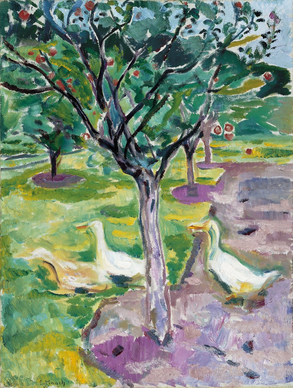 Hanhet hedelmätarhassa, n. 1911 tekijältä Edvard Munch