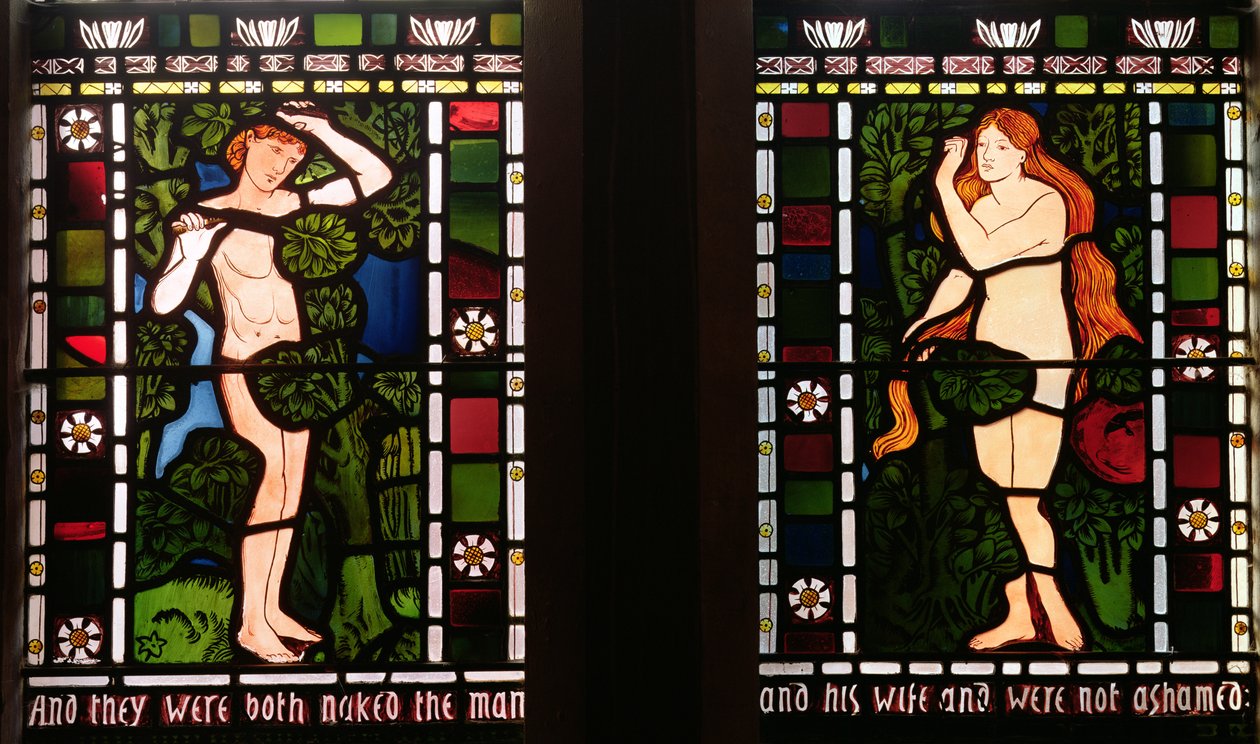 Adam ja Eeva Eedenin puutarhassa, 1861 (lasimaalaus) tekijältä Edward Burne Jones