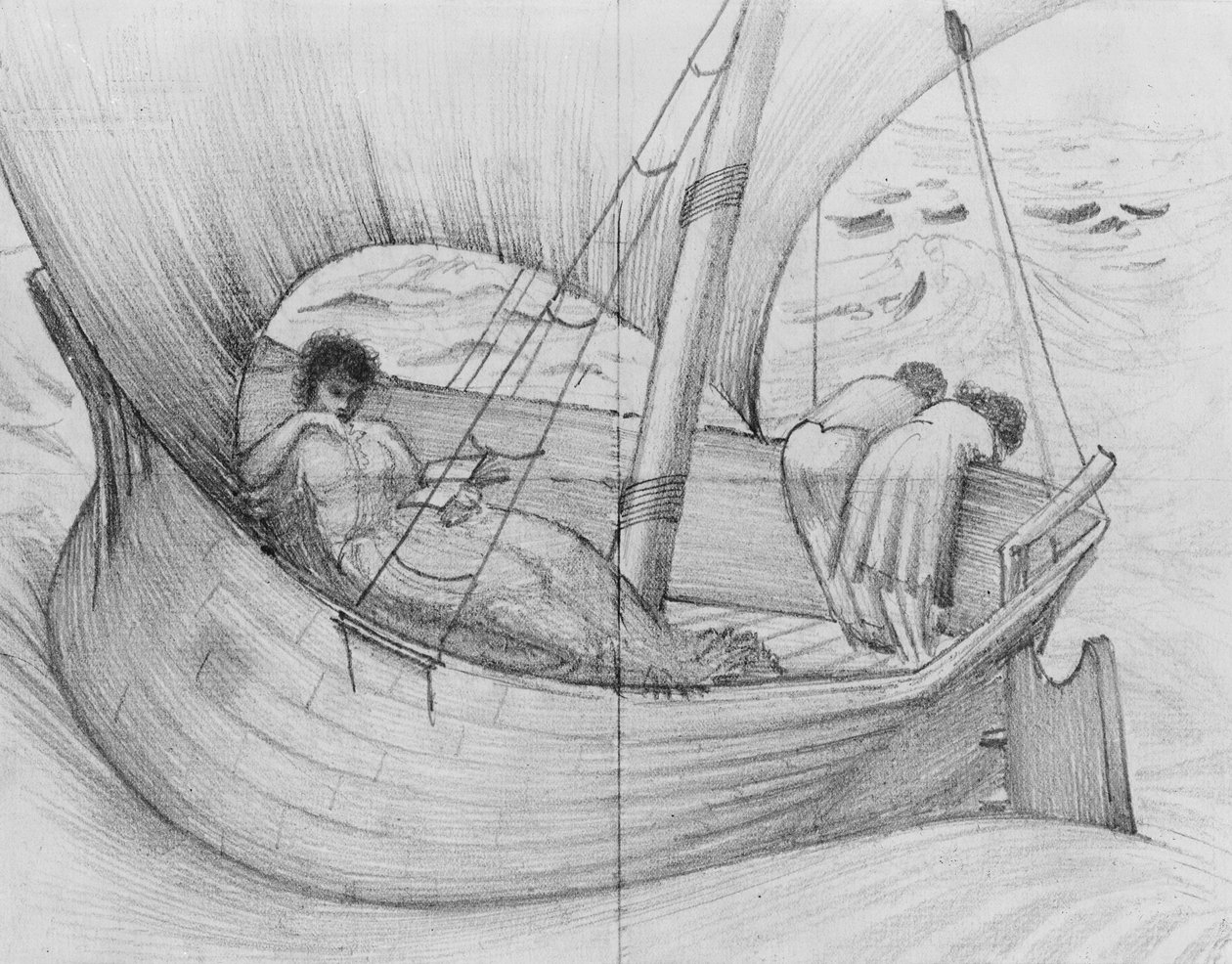 Äiti, Gertie ja Georgie matkustavat veneellä Ranskaan, albumilta "Letters to Katie", 1883-89 (grafiitti paperilla) tekijältä Edward Burne Jones