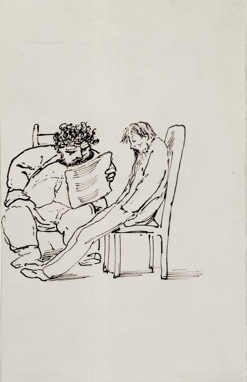 Sarjakuva William Morrisista (1834-96), joka lukee runoutta Edward Burne-Jonesille (1833-98) (kynä ja muste paperille) tekijältä Edward Burne Jones