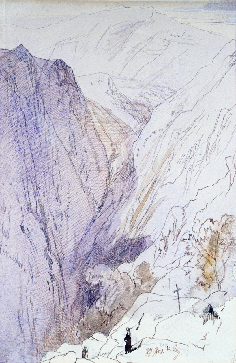 Athos munkkien kanssa etualalla, 1856 (kynä ja wc) tekijältä Edward Lear
