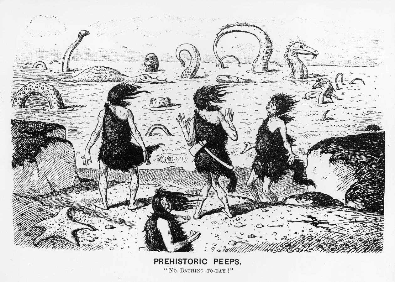 Prehistoric Peeps, "No Bathing Today", 1884 (kynä ja muste) tekijältä Edward Tennyson Reed