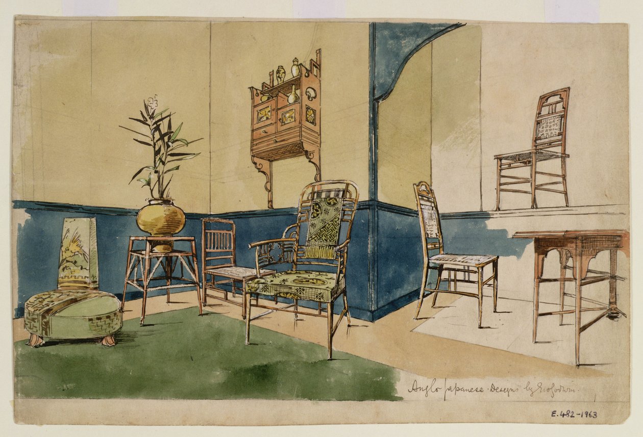 Anglo-japanilaisia malleja, n.1860 (kynä ja mustaa tussia ja wc paperille). tekijältä Edward William Godwin