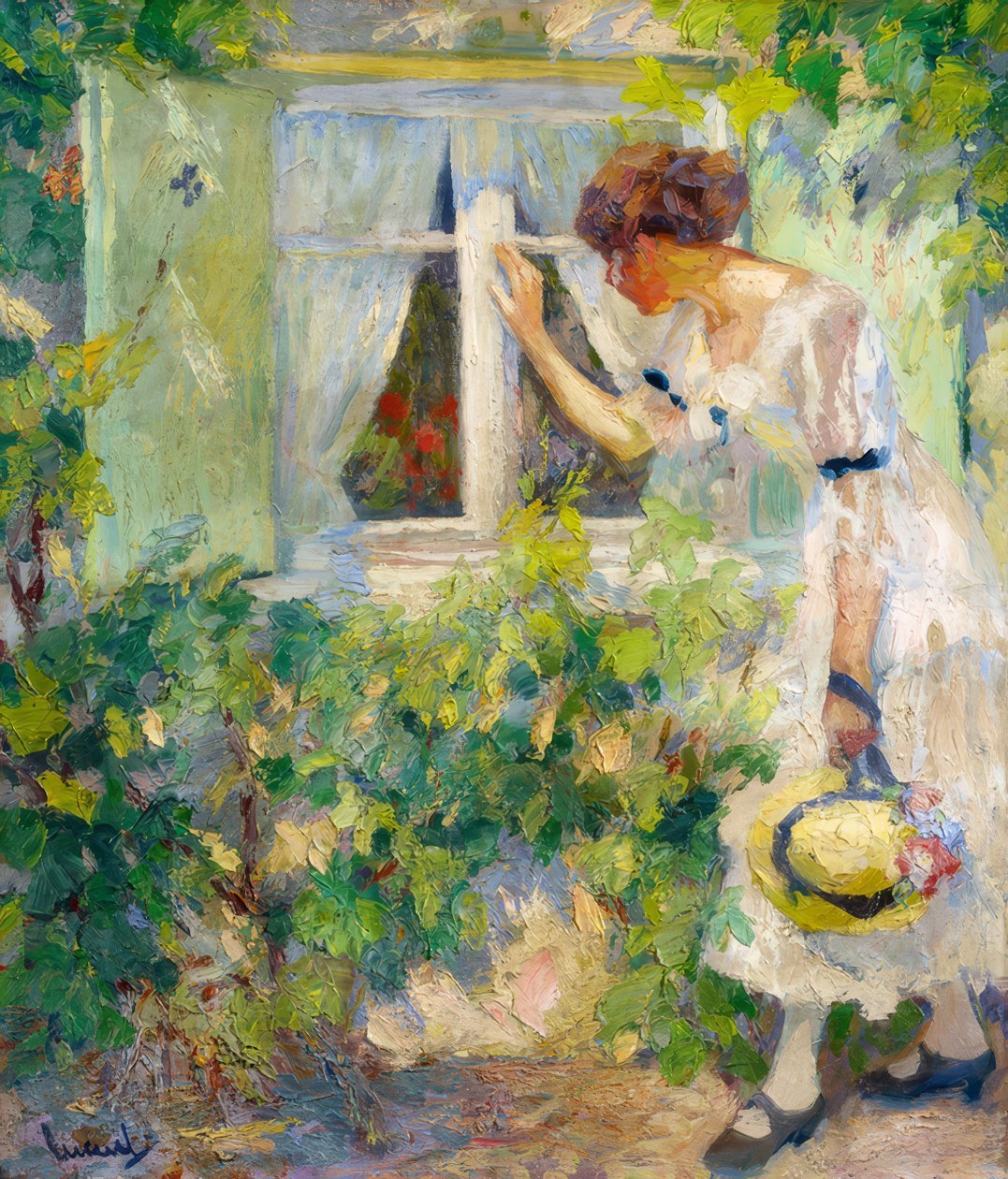 Nuori nainen katselee ikkunan läpi tekijältä Edward Cucuel