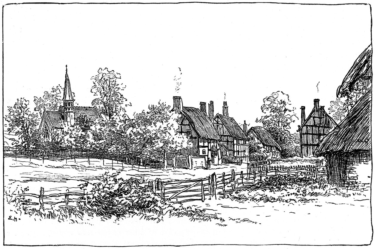 Luddingtonin kylä ja uusi kirkko, Warwickshire, 1885. tekijältä Edward Hull