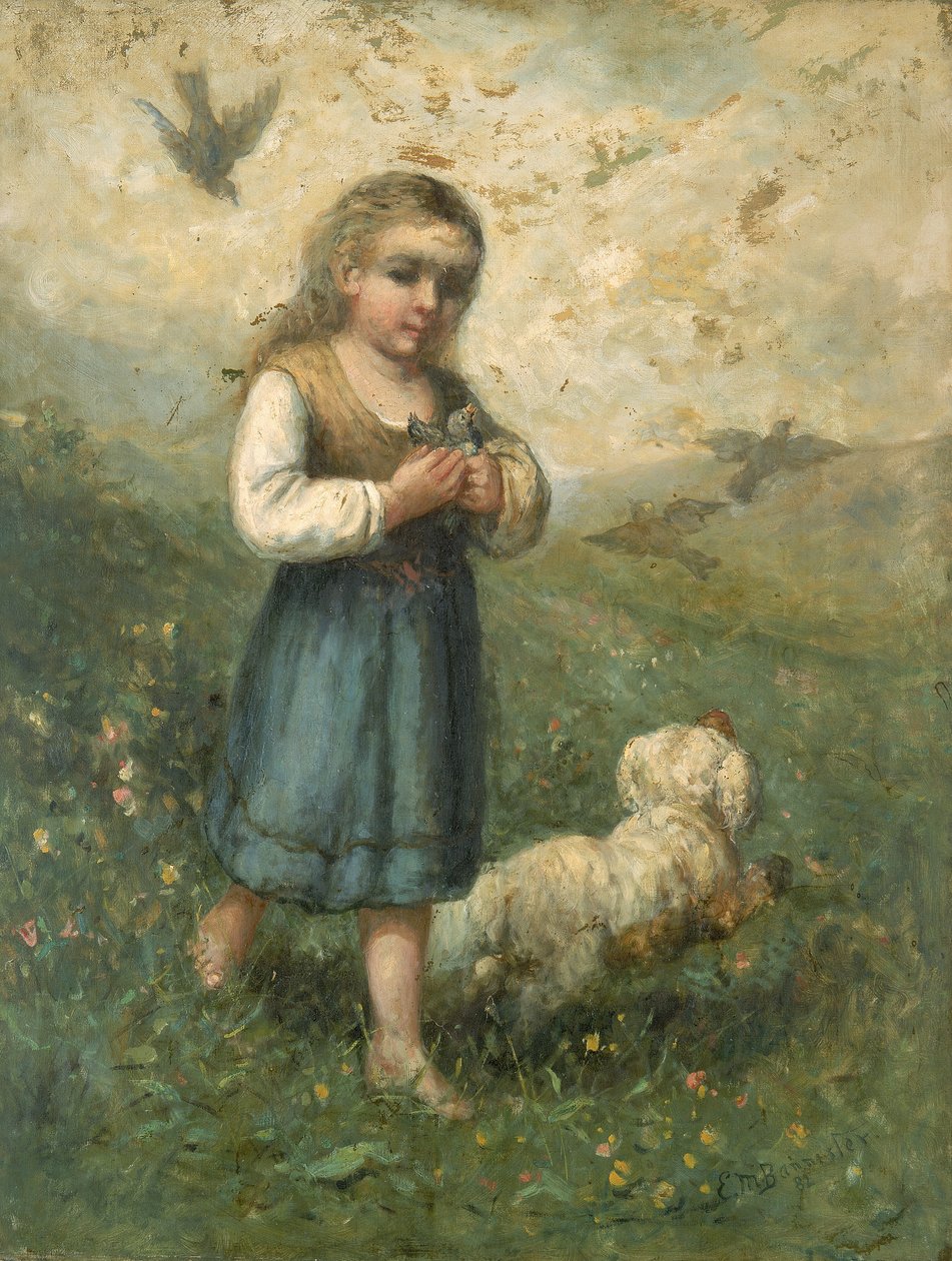 Lapsi lintujen ja koiran kanssa, 1882. tekijältä Edward Mitchell Bannister
