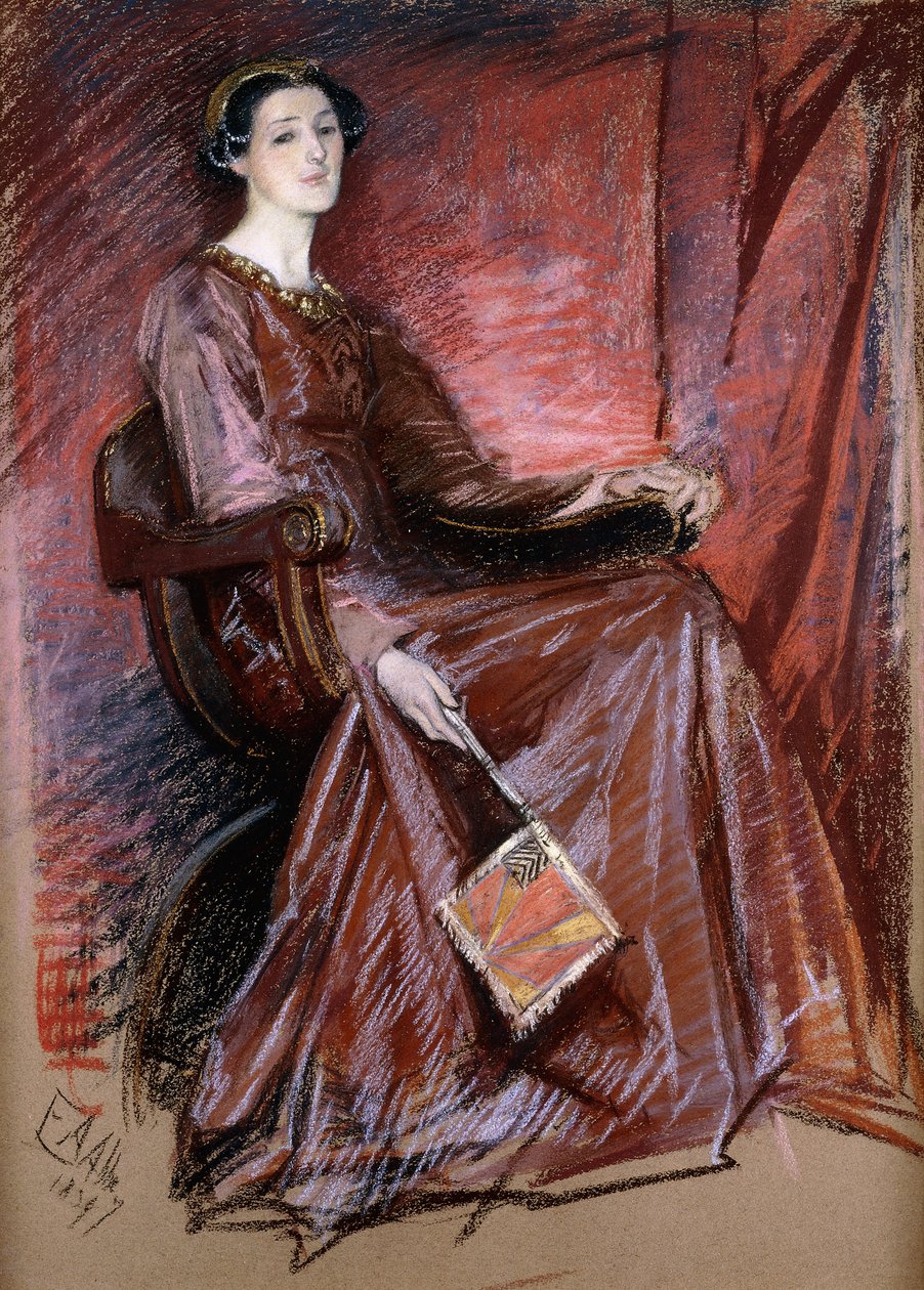 Istuva nainen Elizabethanin päähineessä, 1897 tekijältä Edwin Austin Abbey