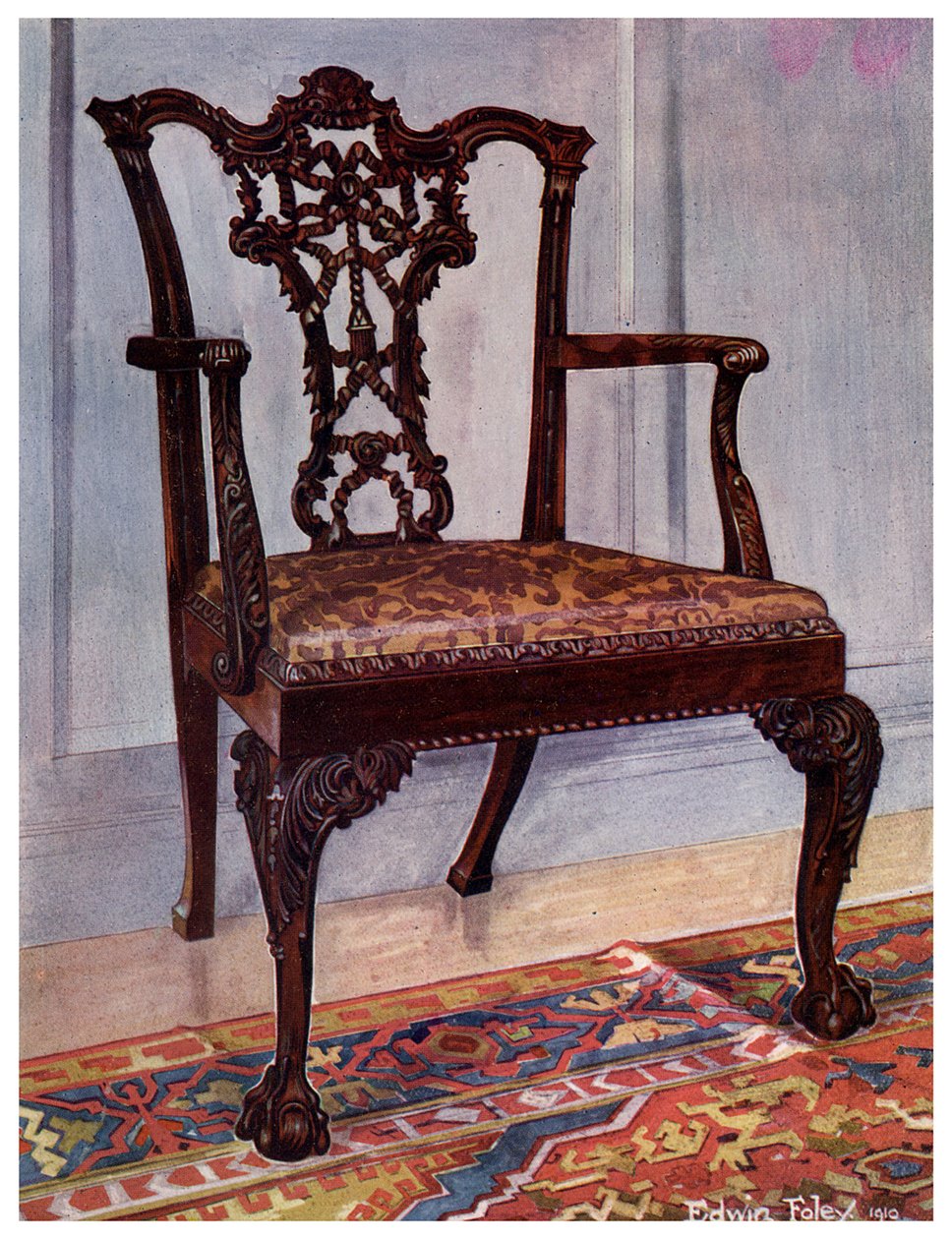Mahoninen nojatuoli, tyyli Chippendale, 1911-1912. tekijältä Edwin Foley