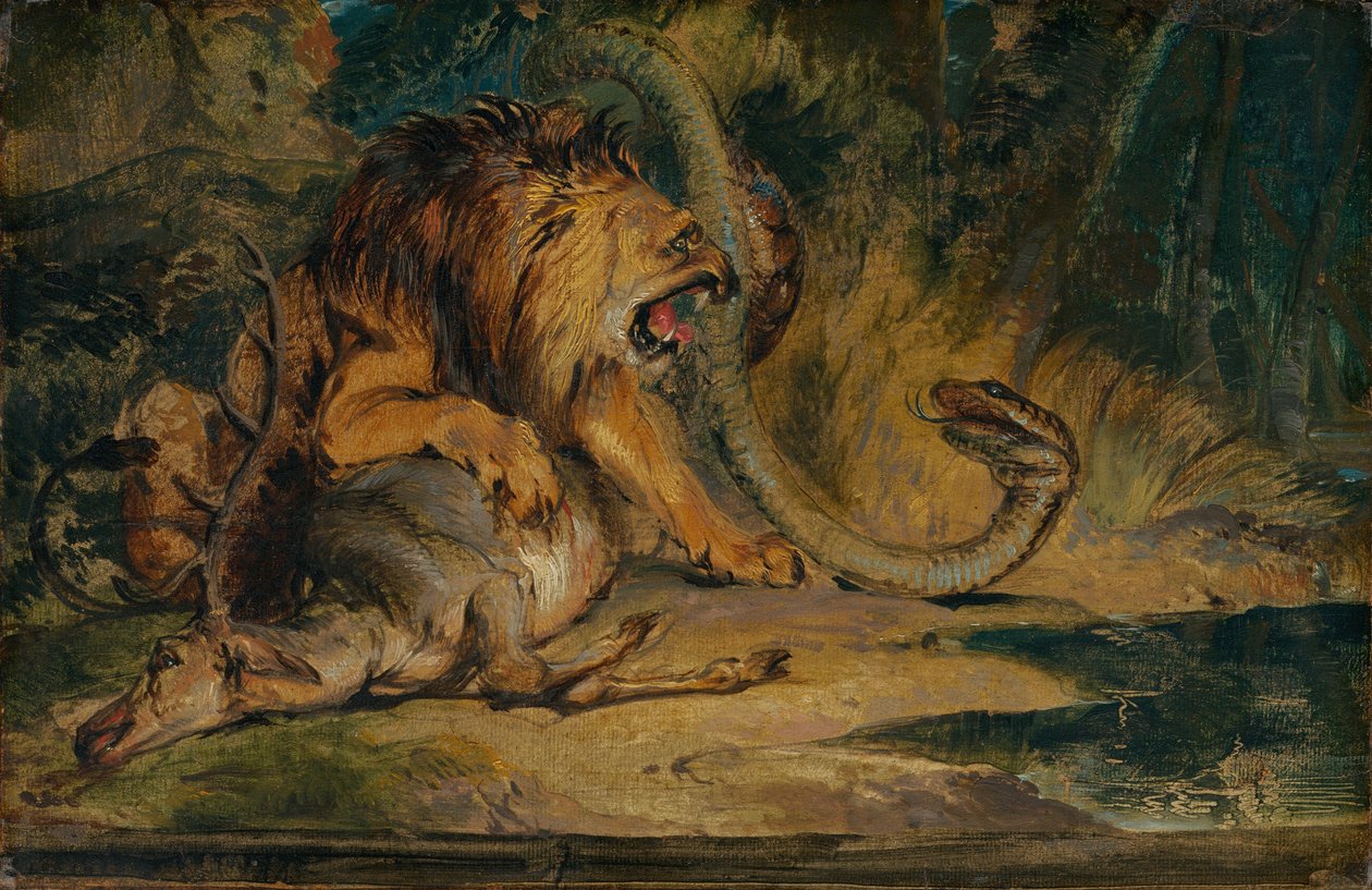 Leijona puolustamassa saalistaan, n. 1840. tekijältä Edwin Henry Landseer