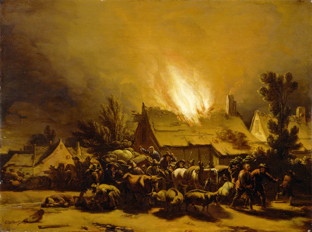 Talonpojat pakenevat palavasta navetta, n. 1655 (öljy tammilevylle) tekijältä Egbert van der Poel