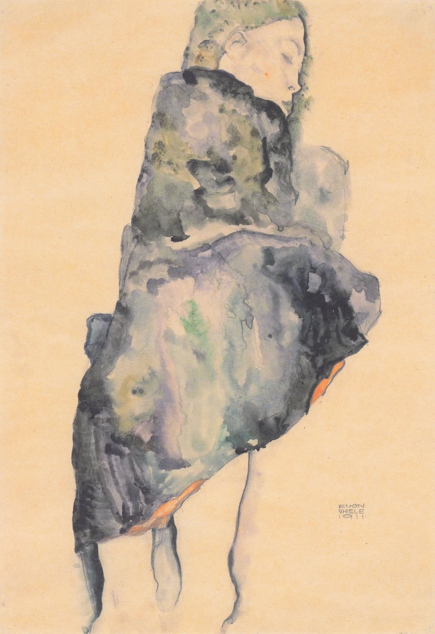 Schlafendes Madchen in eine Decke gehulltn tekijältä Egon Schiele