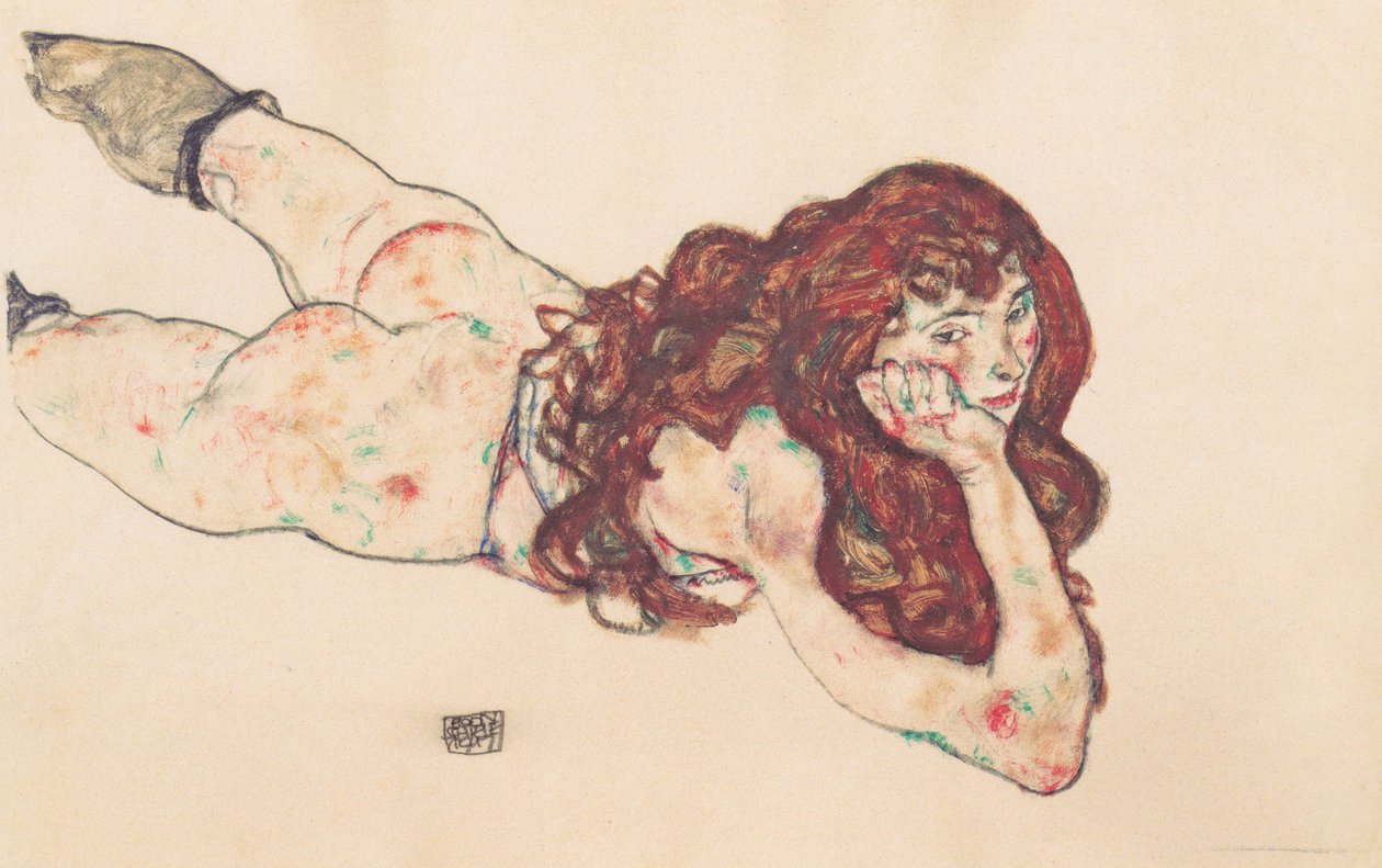 Nainen alaston makaa vatsallaan tekijältä Egon Schiele