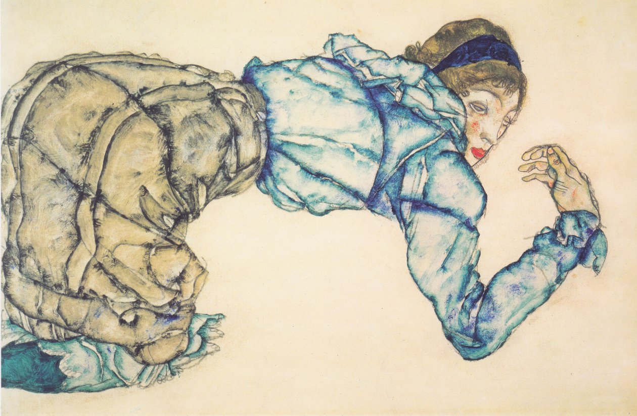 Polvillaan nainen sinisessä puserossa tekijältä Egon Schiele