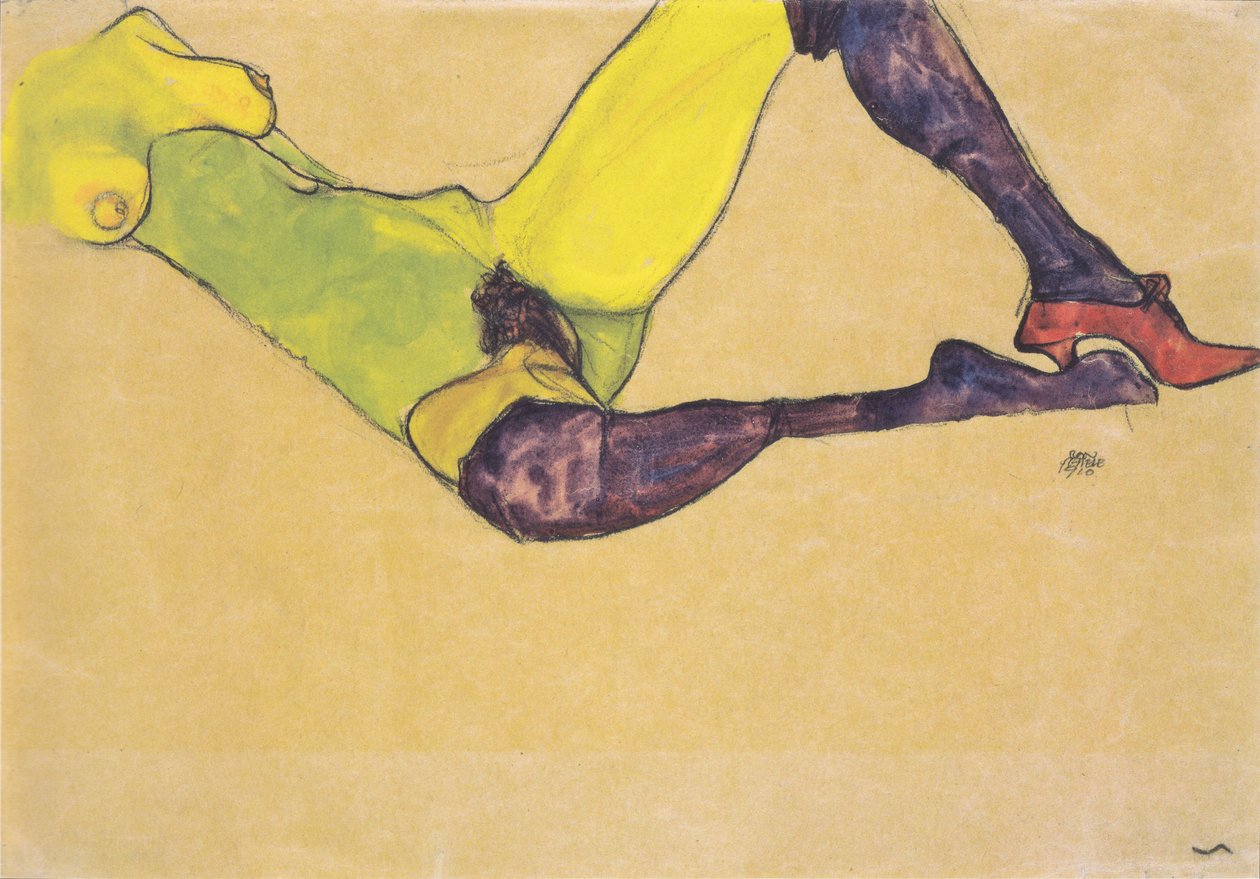 Istuva naispuolinen alavartalo tekijältä Egon Schiele