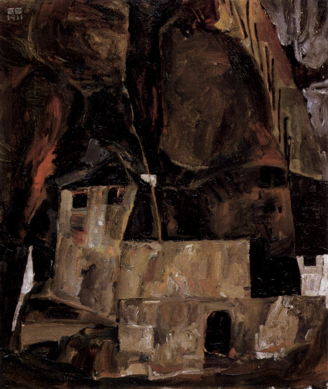 Mauer und Haus vor hügligem Gelände mit Zaun tekijältä Egon Schiele