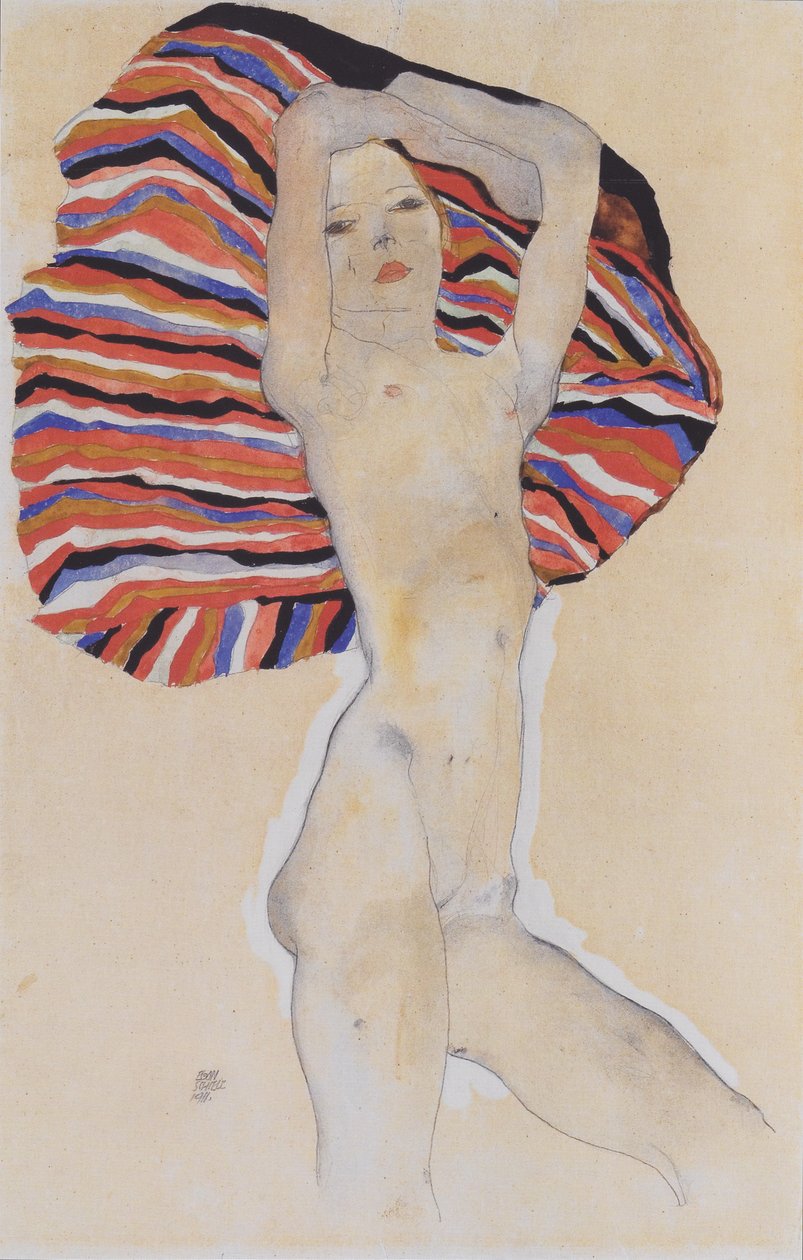 Alaston tyttö värillistä kangasta vasten tekijältä Egon Schiele