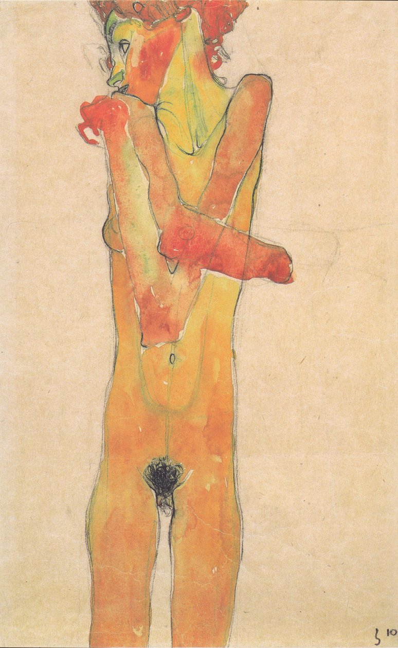 Alaston tyttö ristissä kädet tekijältä Egon Schiele