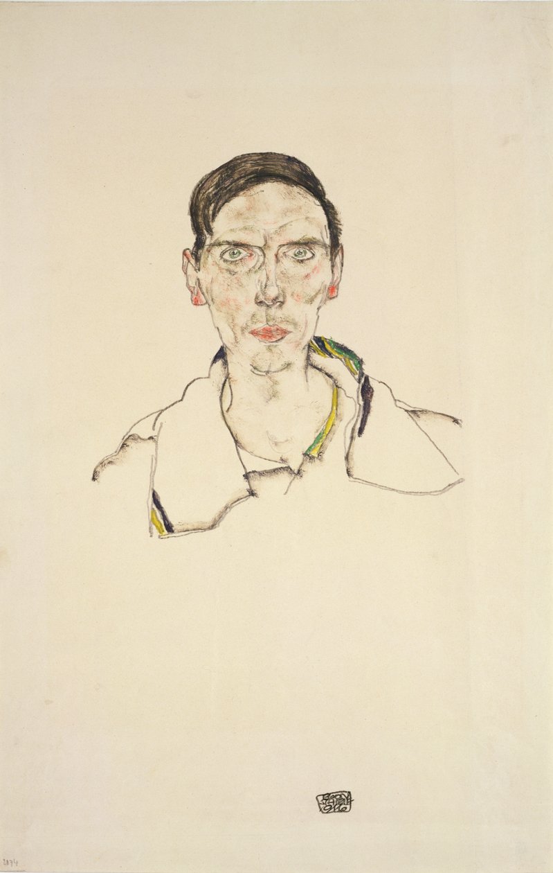Nuoren miehen muotokuva urheiluvaatteissa, 1916 (lyijykynä ja värikynä) tekijältä Egon Schiele
