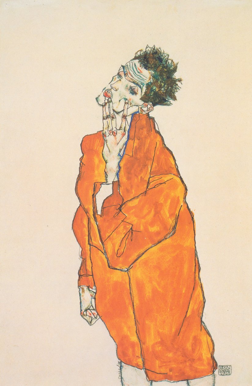 Omakuva oranssissa takissa tekijältä Egon Schiele