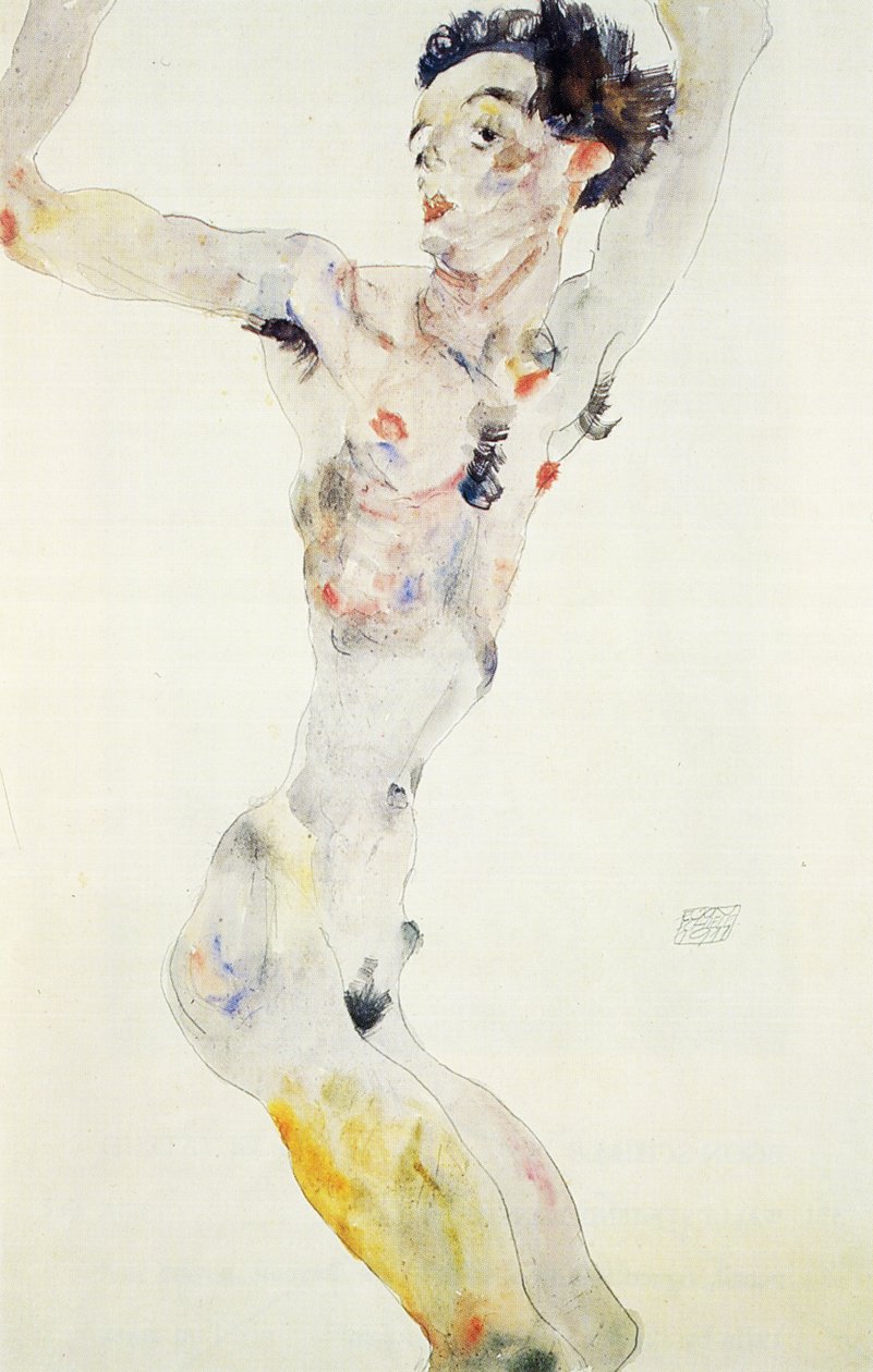 Omakuva, 1911 (kynä ja wc paperilla) tekijältä Egon Schiele