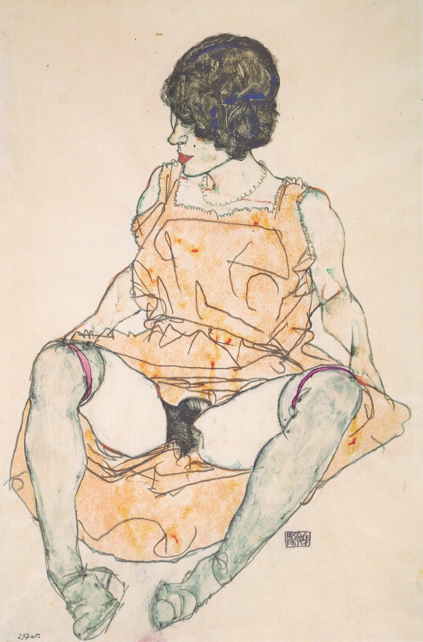 Istuva nainen mekko ylös tekijältä Egon Schiele
