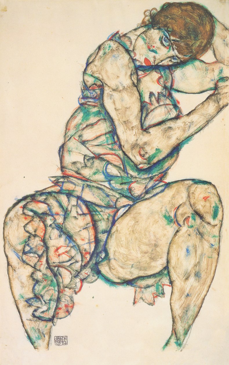 Istuu puoliksi tekijältä Egon Schiele