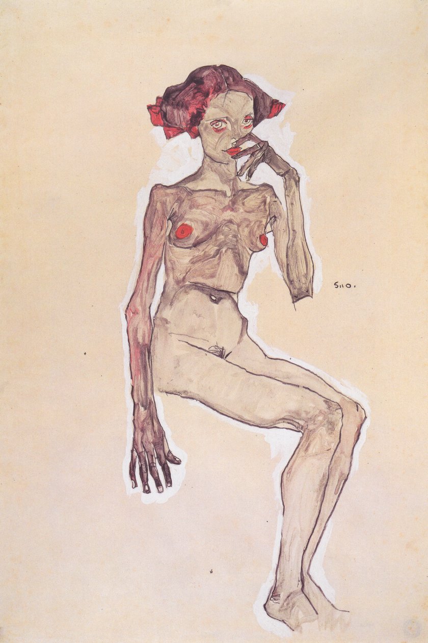 Istuva tyttö alasti tekijältä Egon Schiele