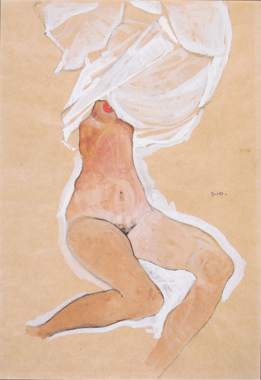 Istuva tyttö alasti paita päänsä yli tekijältä Egon Schiele