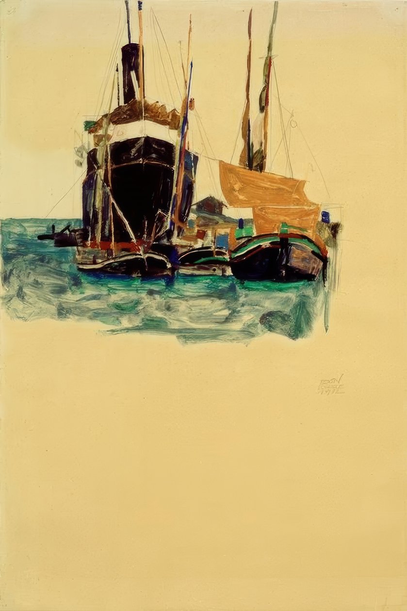 Dampfer und Segelboote im Hafen von Trieste tekijältä Egon Schiele