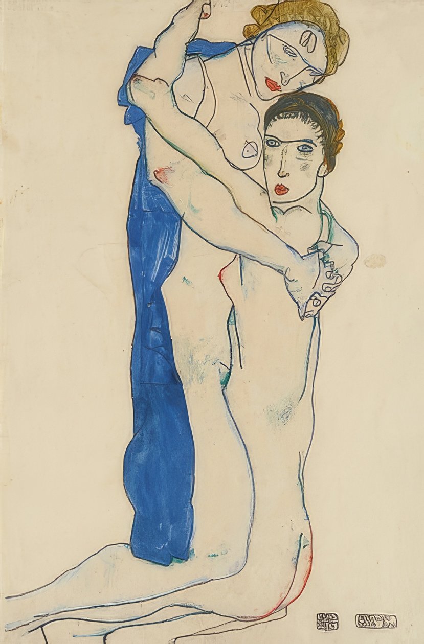 Tyttöystävä, pinkki-sininen. 1913 tekijältä Egon Schiele