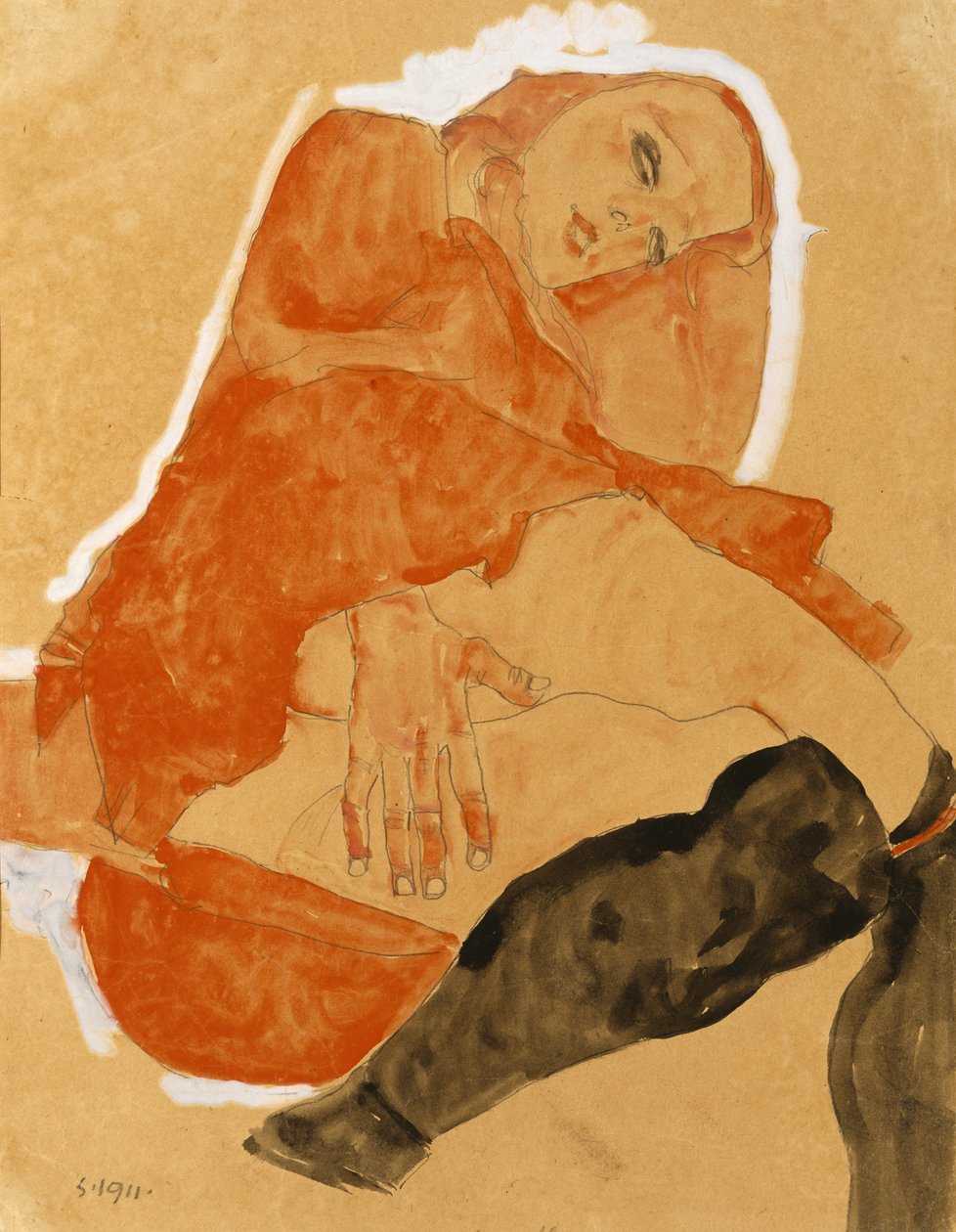 Tyttö punaisessa viitassa ja mustissa sukkahousuissa tekijältä Egon Schiele