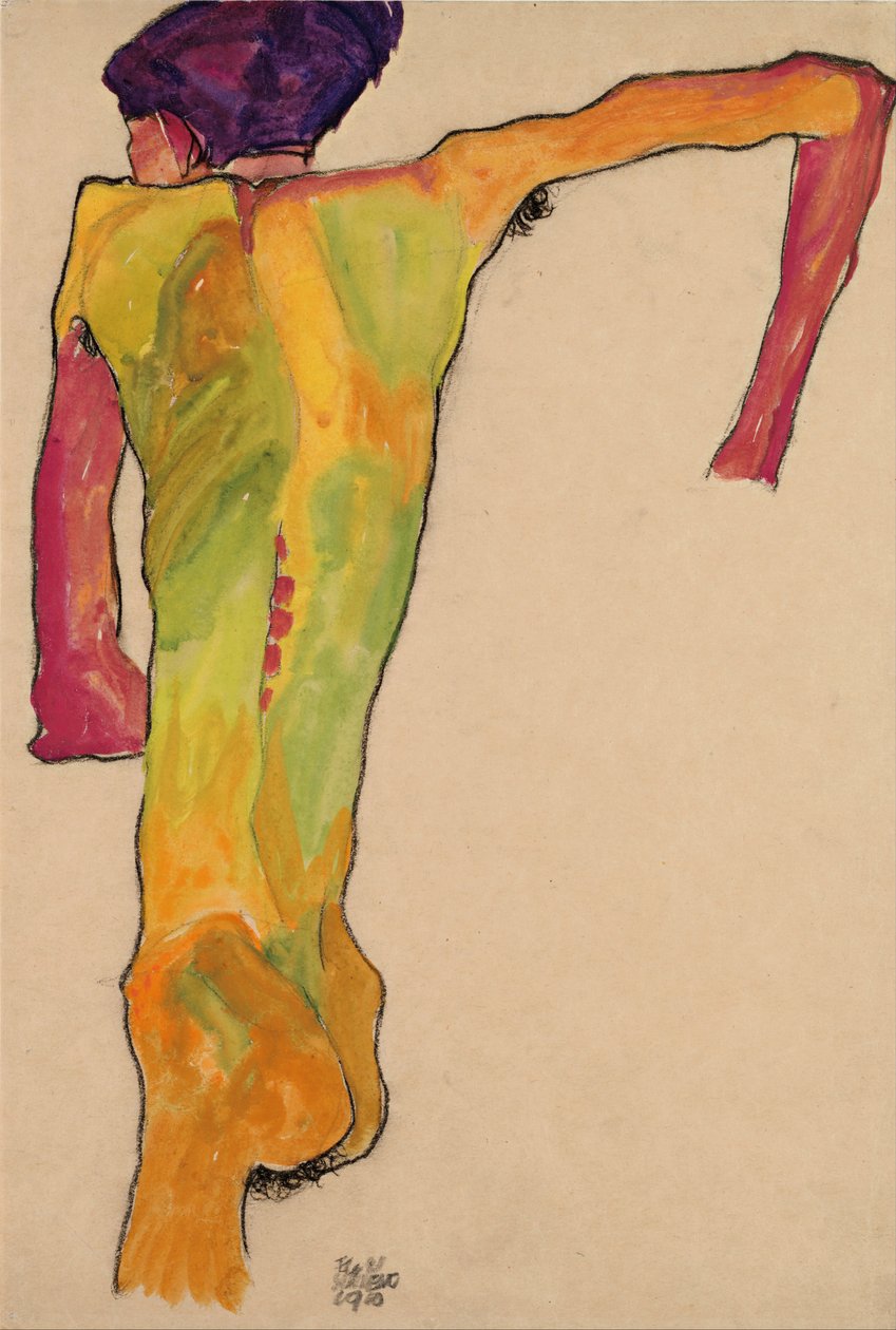 Mies alaston, tukeutuu itseään, 1910 tekijältä Egon Schiele