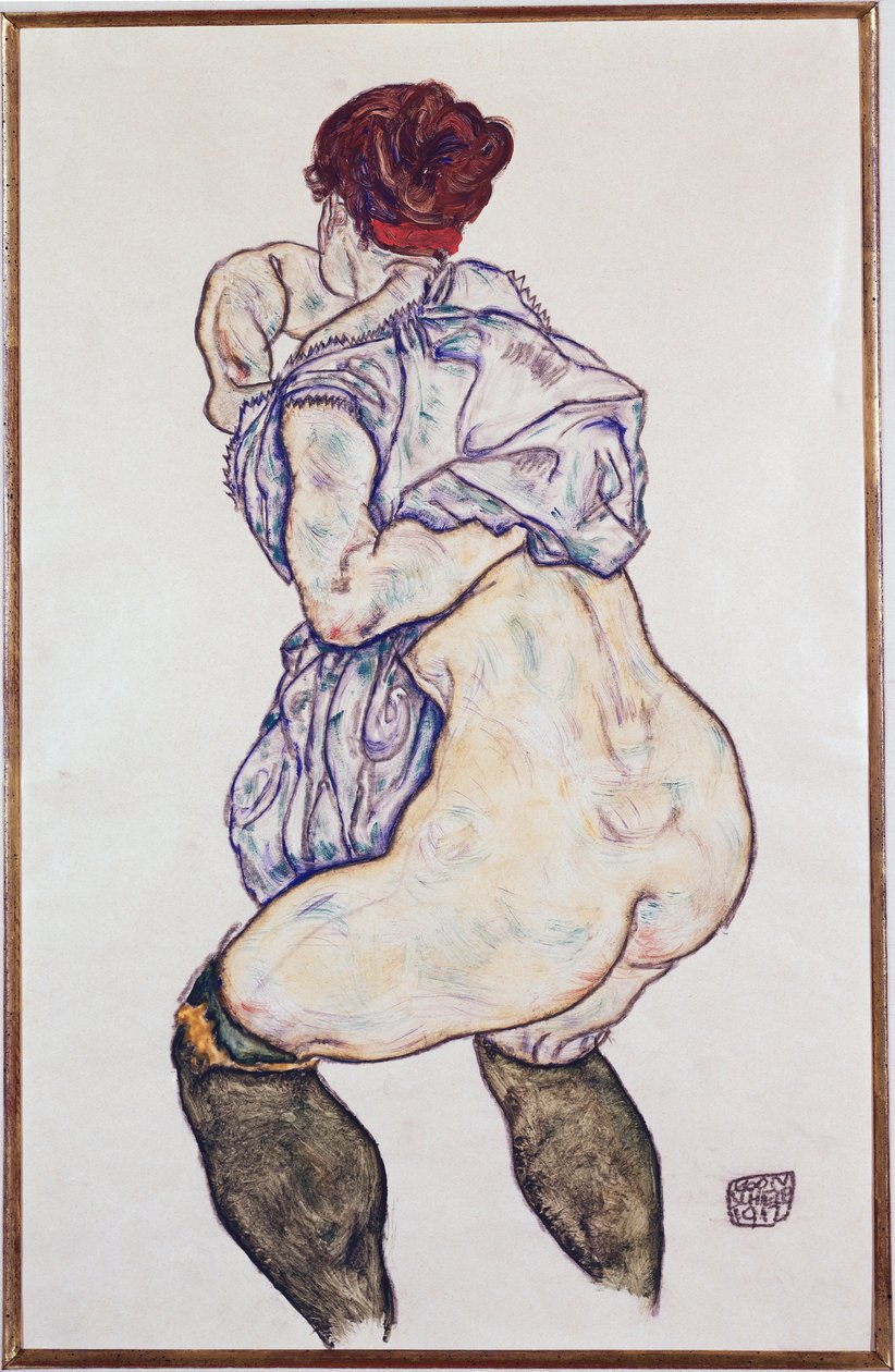 Mistress Halbakt vihreillä sukkahousuilla, 1917 tekijältä Egon Schiele