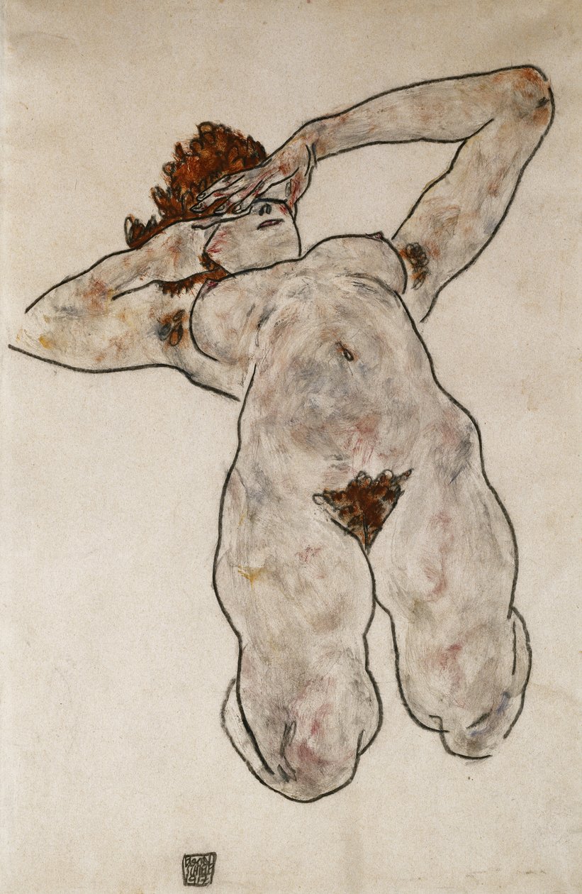 Alaston makuulla; Makaava alaston, 1917 tekijältä Egon Schiele