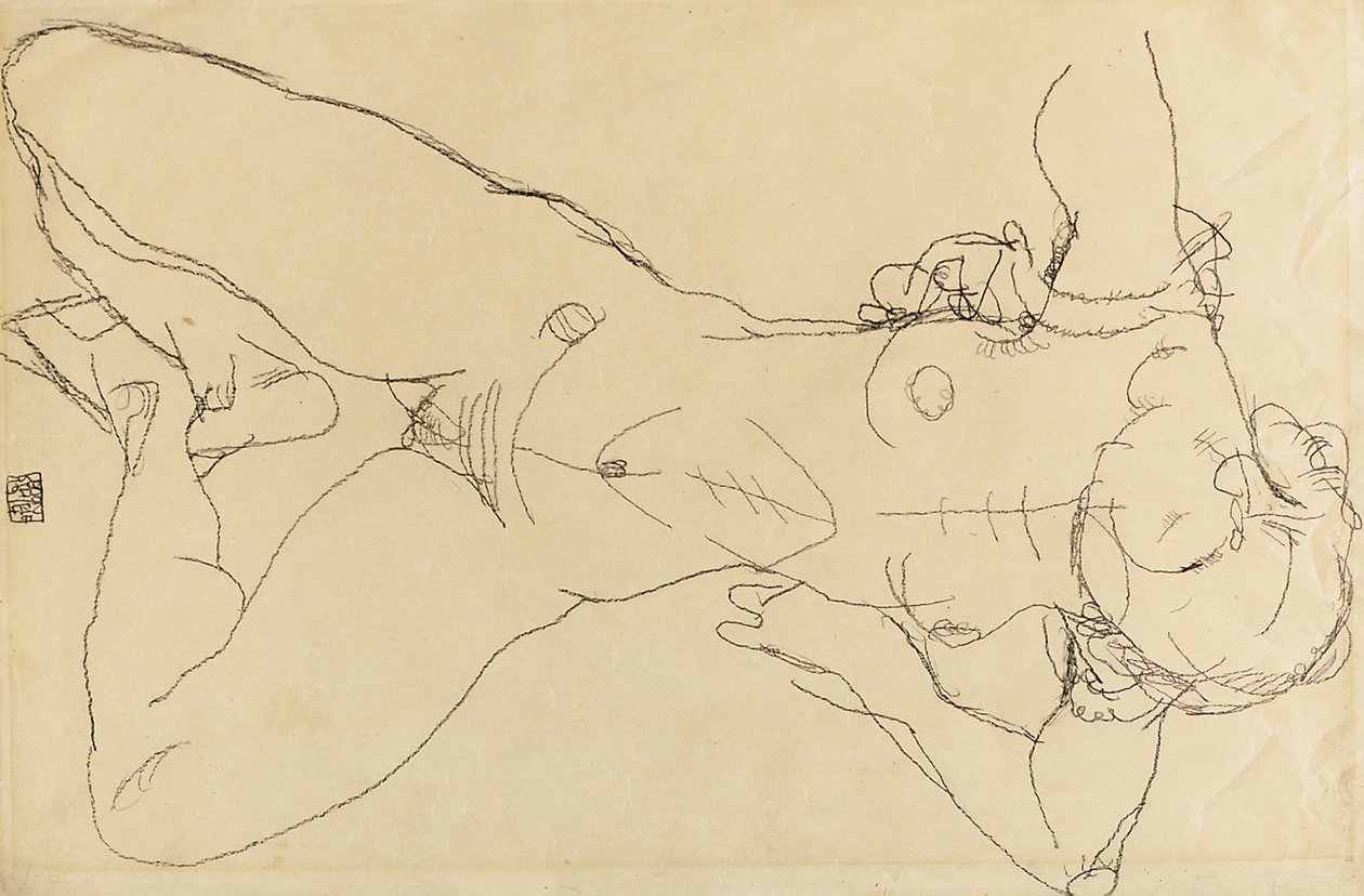 Makaava nainen alaston, 1914 tekijältä Egon Schiele