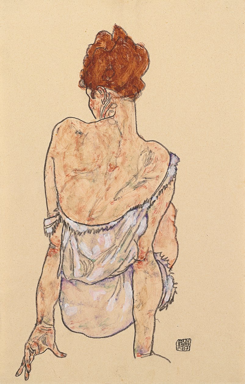 Istuva nainen alushousuissa, takaa katsottuna, 1917 tekijältä Egon Schiele