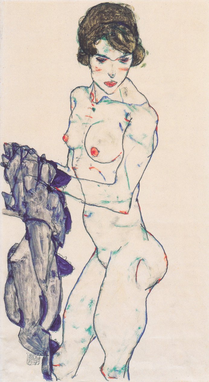 Seisova nainen alasti sinisellä liinalla tekijältä Egon Schiele