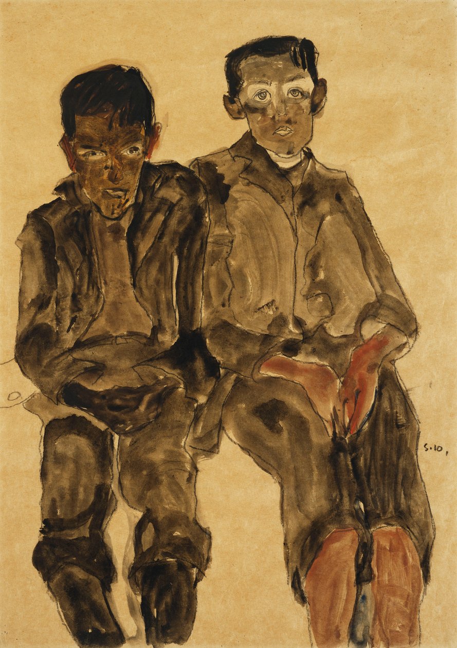 Kaksi istuvaa poikaa; Kaksi istuvaa poikaa, 1910 tekijältä Egon Schiele