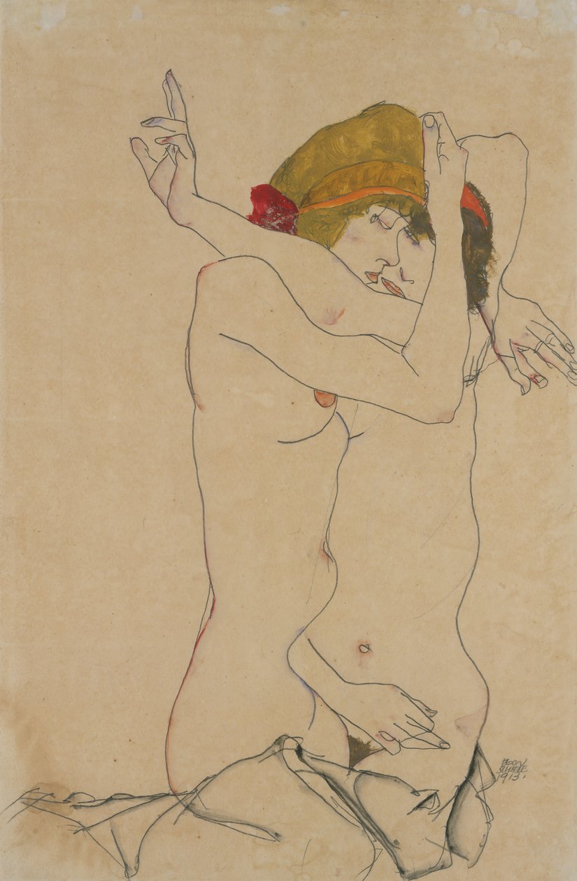 Kaksi naista halaamassa, 1913. tekijältä Egon Schiele