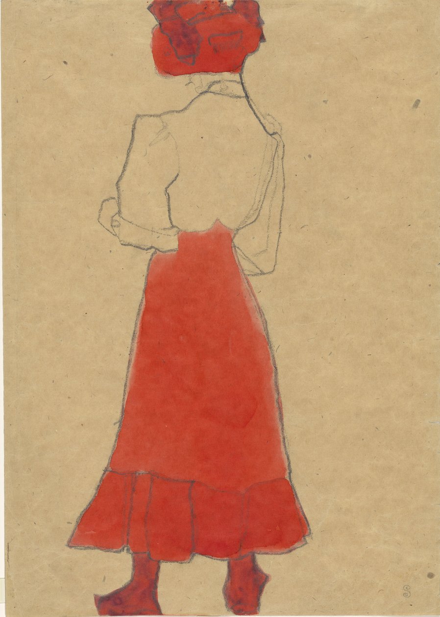 Nainen punaisella hameella, c. 1909. tekijältä Egon Schiele