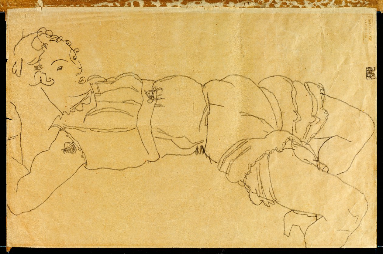 Nuori nainen makaa selällään, 1915 tekijältä Egon Schiele