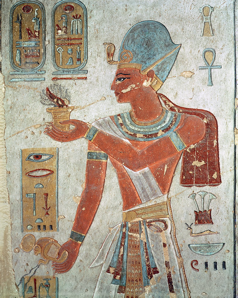Ramses III (n. 1184-1153 eKr.) taistelupuvussa Ramses III:n haudasta, Uudesta kuningaskunnasta (seinämaalaus) tekijältä Egyptian 19th Dynasty