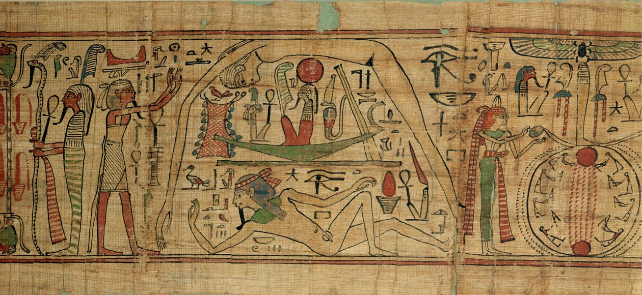 Yksityiskohta Nespakashutyn papyruksesta, jossa näkyy jumala Geb (maa) erossa vaimostaan, jumalatar Nutista (taivas) Kolmas välikausi (papyrus) tekijältä Egyptian 21st Dynasty