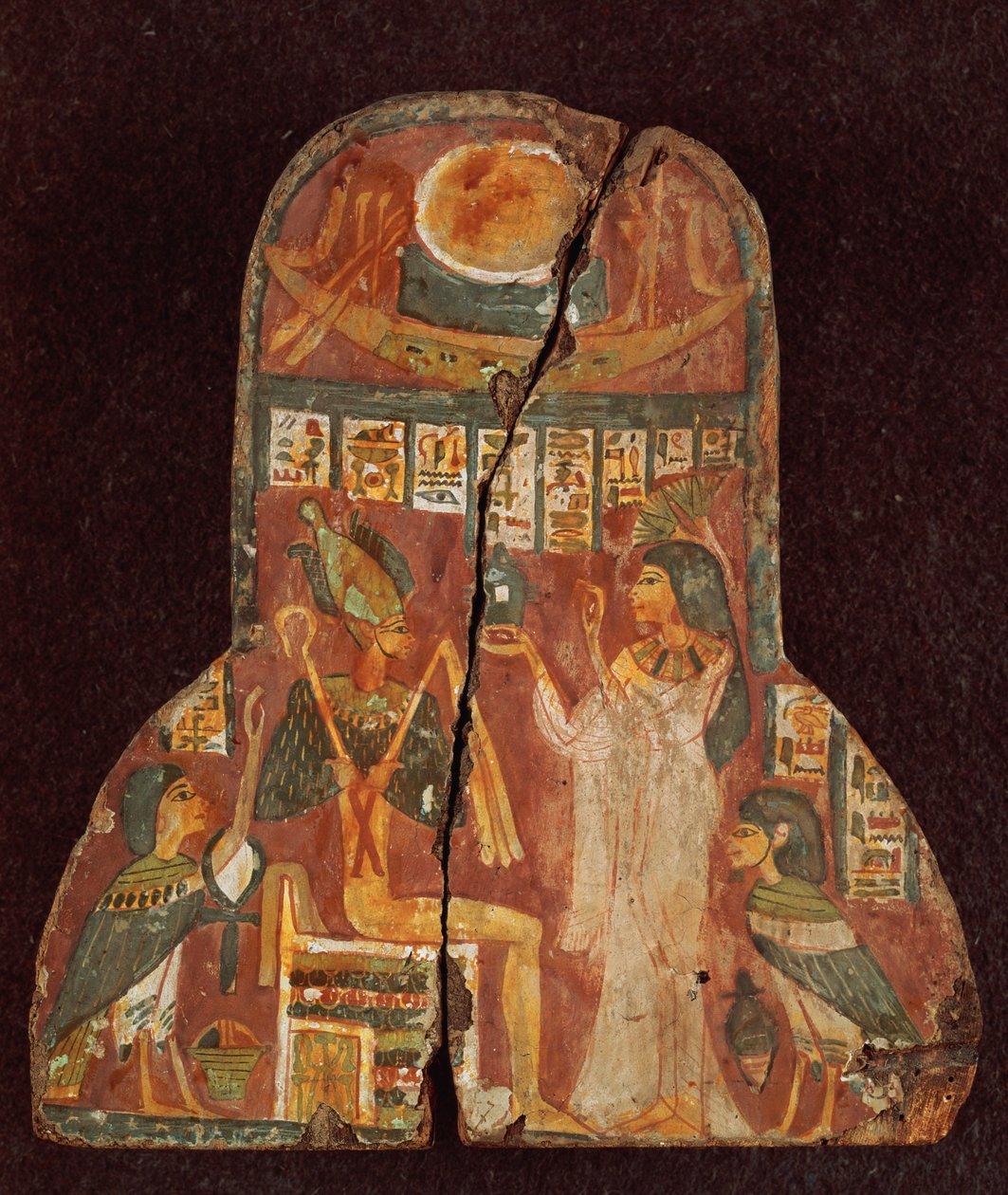 Laulaja Toarnemihertin arkun kansi, jossa vainaja uhraamassa suitsukkeita valtaistuimelle nousevalle Osirikselle, kolmas välikausi (maalattu kivi) (ks. 107961) tekijältä Egyptian 21st Dynasty