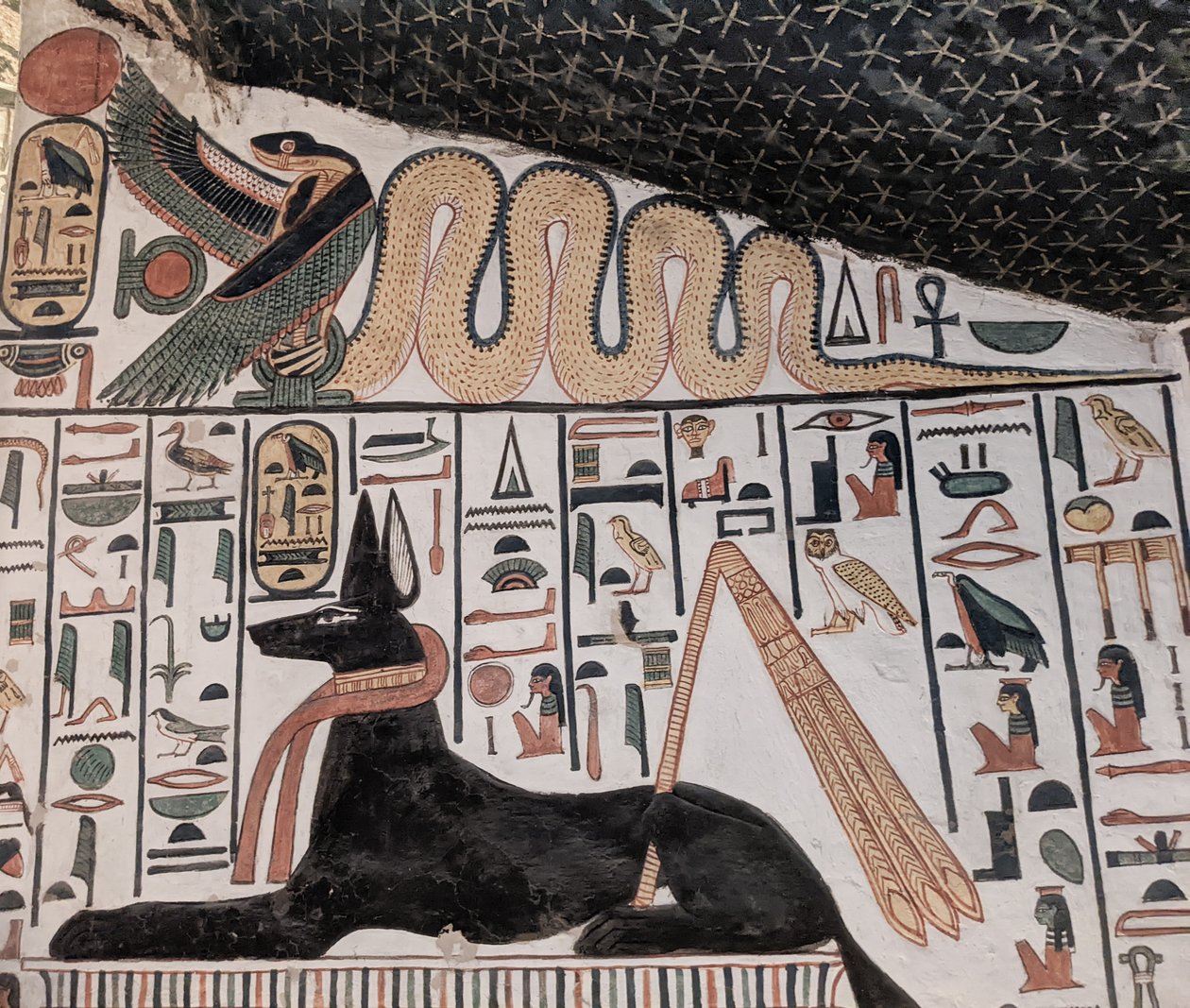 Anubis ja kobra (seinämaalaus) tekijältä Egyptian 19th Dynasty