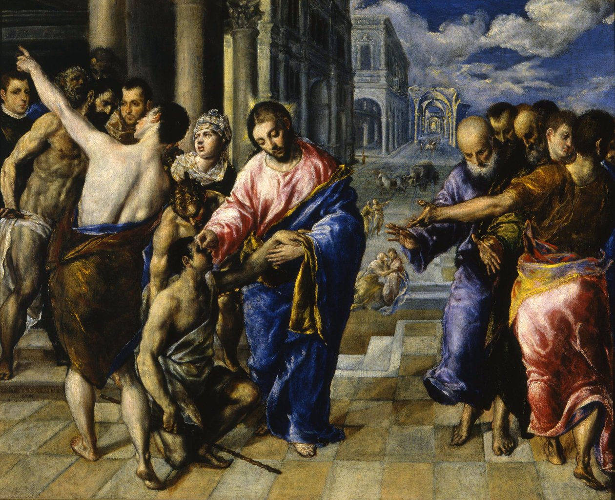 Jeesus parantaa sokean miehen, n. 1573 tekijältä El Greco