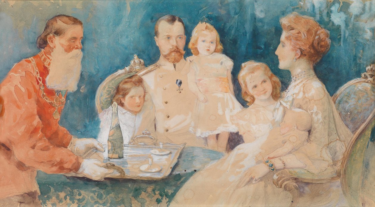 Zar Nikolai II. und Zarin Alexandra Fjordorovna mit Ihren Töchtern Olga, Tatiana, Maria und Anastasia (als Baby) tekijältä Elena Samokich Soudkovskaïa