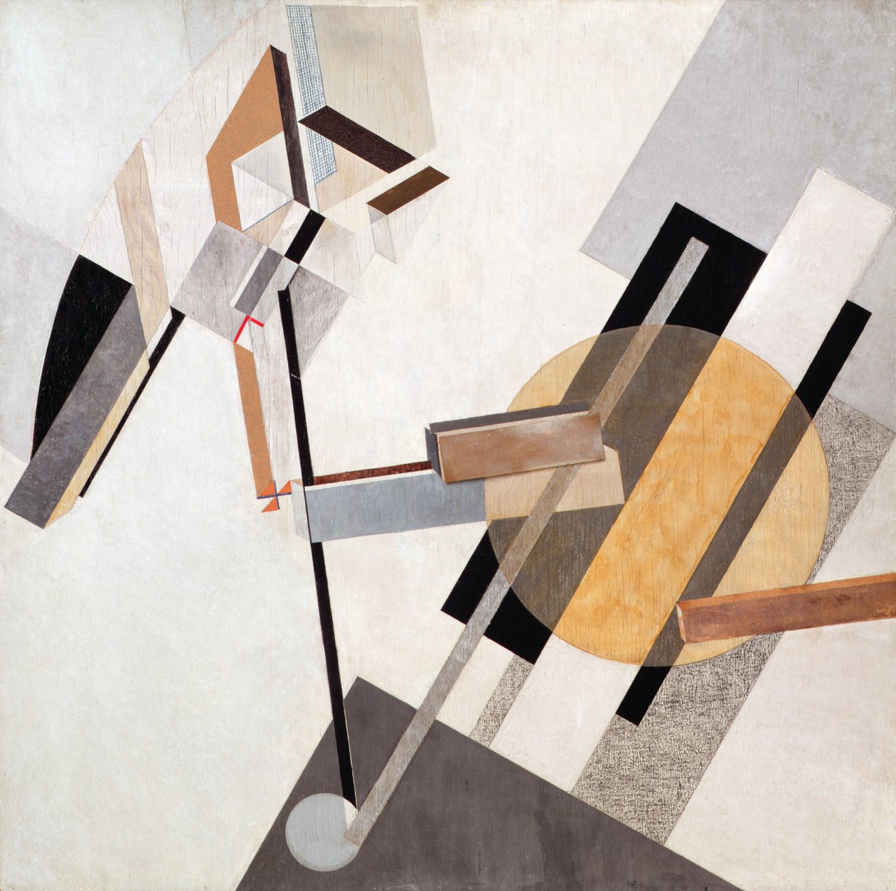 Proun-19-D, 1920 (Gesso, öljy, lakka, väriliitu, värilliset paperit, hiekkapaperi, grafiikkapaperi, kartonki, metalliväri ja metallifolio vanerille). tekijältä Eliezer Markowich Lissitzky