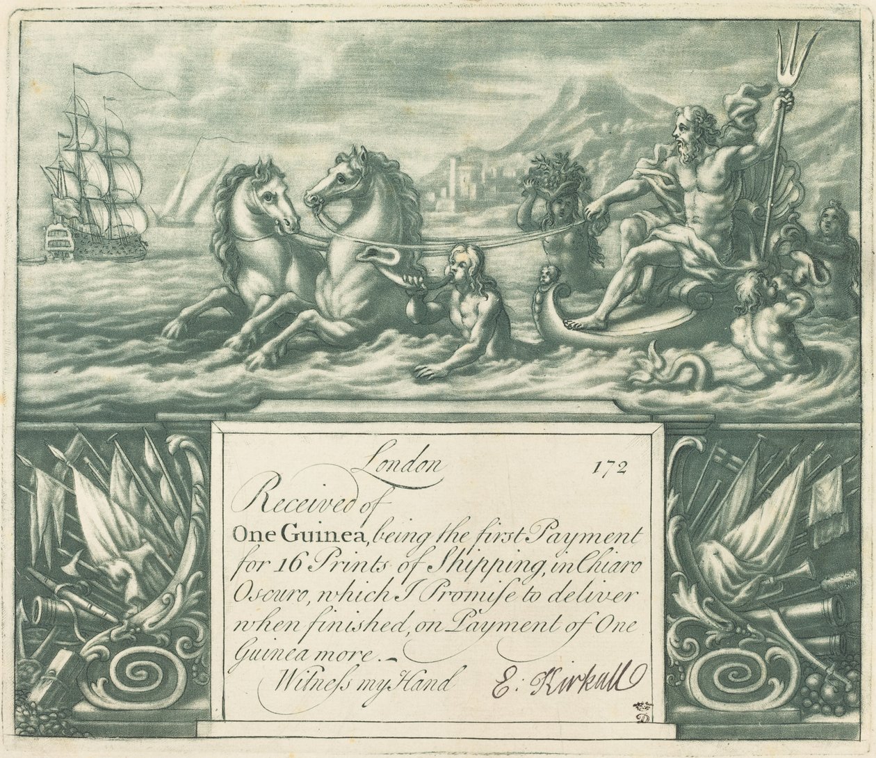 Tilauskuitti, 1720-luku. tekijältä Elisha Kirkall