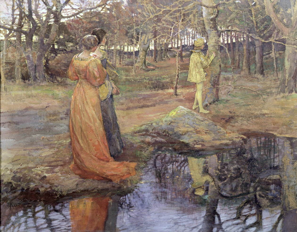 Keskiaikainen metsämaisema, 1880-luku (pastelli ja guassi) tekijältä Elizabeth Adela Stanhope Forbes